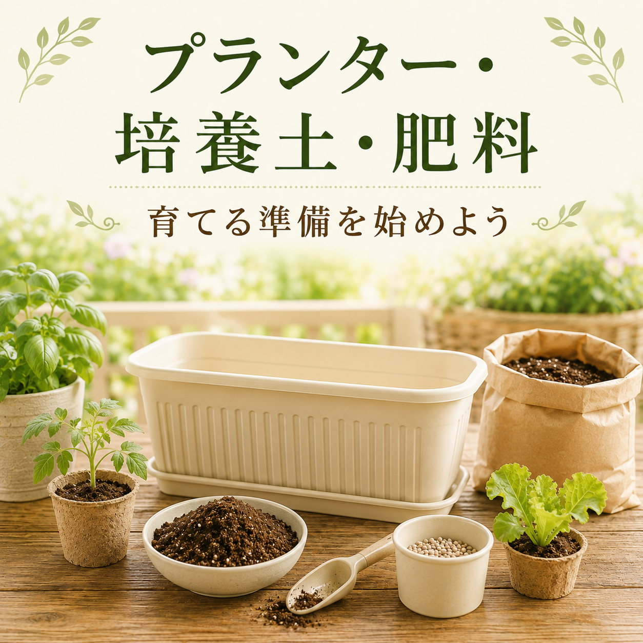 ガーデニング用のプランターと培養土と肥料